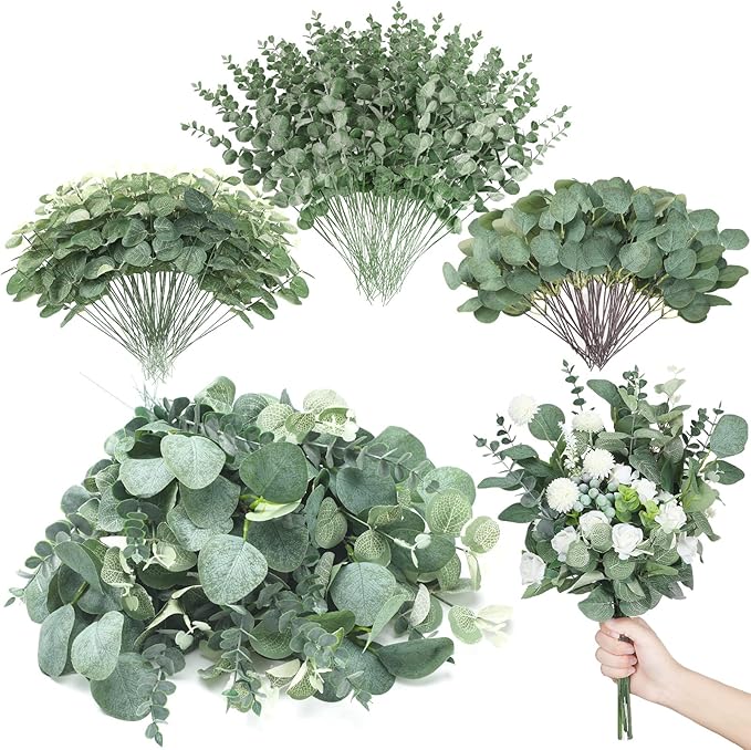 Giegxin 270 Pcs 3 Kinds Mixed Artificial Eucalyptus Leaves Stems Bulk Silver Dollar Leaves Picks Dried Eucalyptus Bundle Faux Spray for Wedding Vase Bouquet Floral Arrangement (Green)