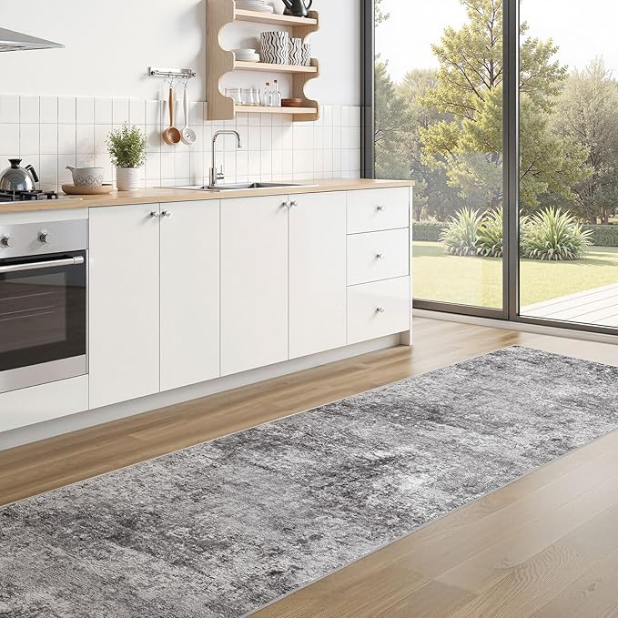 DMOYEST Washable Runner Rug for Hallway: 2.6x10 Neutral Modern Abstract Low Pile Area Rug with Non-Slip Backing - Carpet for Bedroom Kitchen Laundry Entryway Bathroom Indoor - Grey