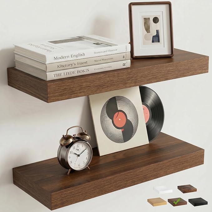 Venusmiles Floating Shelves for Wall, 16 Inch Floating Shelves Set of 2, 6.5" D Wooden Wall Mounted Display Shelves with Invisible Brackets for Living Room, Bedroom, Bathroom, Kitchen Decor, Walnut