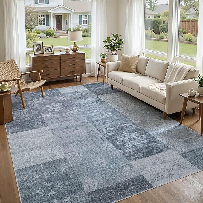 UERMEI 9x12 Area Rug for Living Room - Washable Vintage Carpet, Non-Slip Soft Large Indoor Floor Rugs for Bedroom Home Office & Under Dining Table Decor, Blue Block