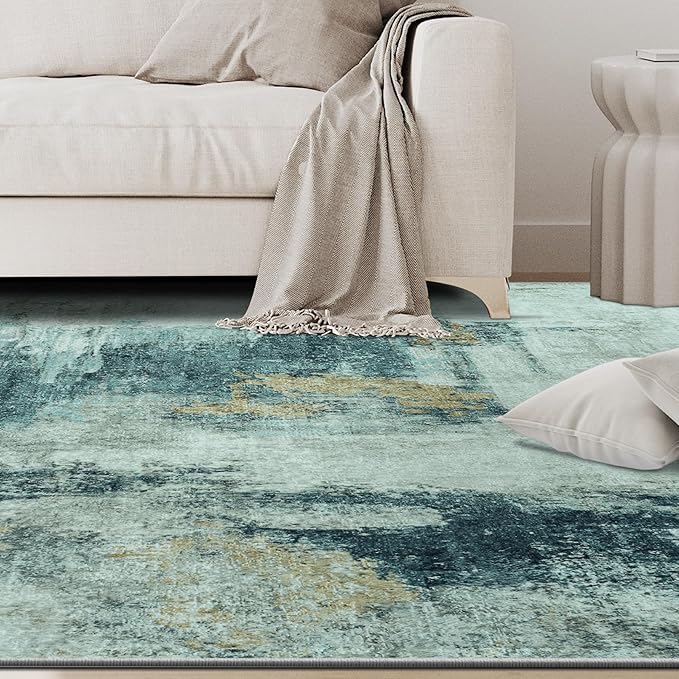 8x10 Area Rugs for Living Room Rug Washable: Abstract Large Rug for Dining Room Bedroom Carpet Non Slip 8 by 10 Indoor Modern Nursery Home Office Teal Grey Gold