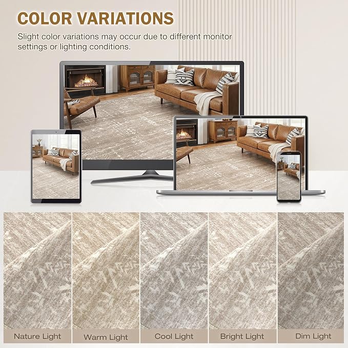 Area Rug for Living Room - 7x9 Soft Washable Oriental Vintage Floral Distressed Large Carpet - Fade Stain Resistant Non Slip Rugs for Bedroom Dining Room Nursery Dorm Office Home Decor - Camel