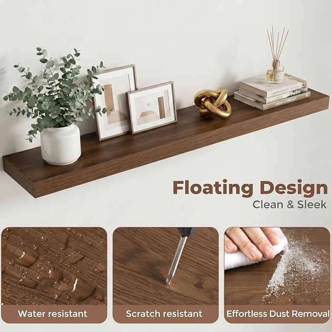 48 Inch Floating Shelves for Wall, 8"D Wood Storage Shelves, Walnut Finish | Engineered Wood, Invisible Bracket, Large Storage, Easy Install, Hold Up to 77lbs, Living Room, Bathroom, Bedroom, Kitchen