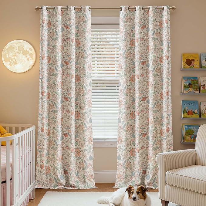 jinchan Nursery Curtains 95% Blackout Pink Floral Curtains for Girls Room, 96 Inch Length Farmhouse Drapes for Bedroom Living Room Darkening Window Treatment Grommet Top Set of 2 Panels