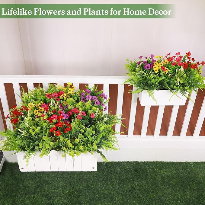 24 Bundles 8 Styles Artificial Flowers for Outdoors UV Resistant Fake Flowers Faux Plastic Plants Colorful Daisy Boston Fern Lavender Cemetery Flowers for Outside Indoor Home Porch Patio Spring Decor