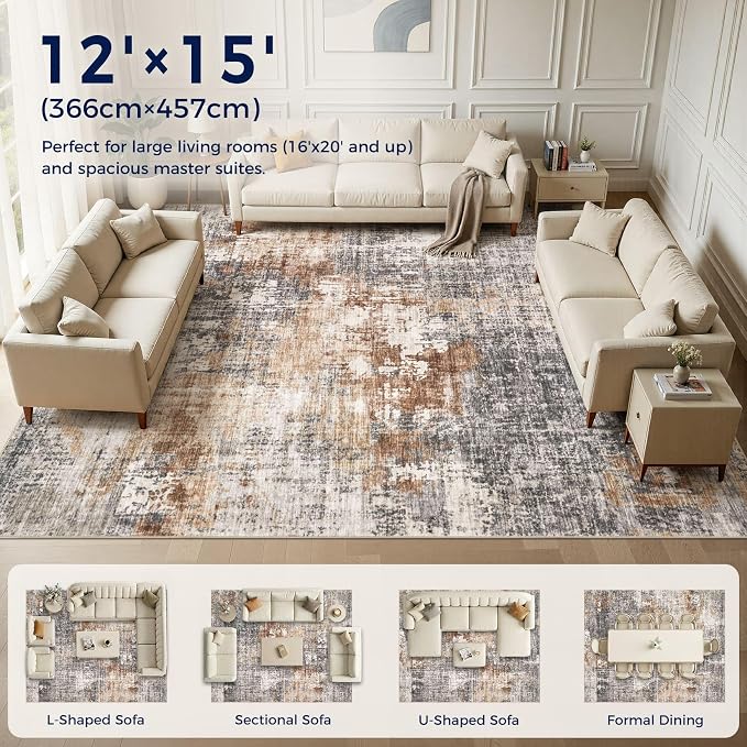 DMOYEST Area Rug Living Room Rugs - 12x15 Washable Large Soft Indoor Neutral Modern Abstract Low Pile Rug Carpet for Bedroom Dining Room Farmhouse Home Office - Grey Brown