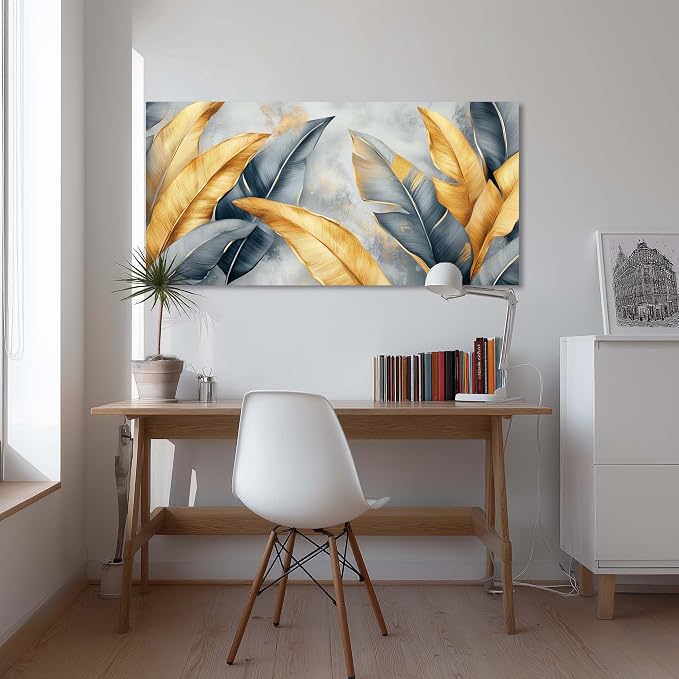 Ggaafet Gold Leaves Wall Art for Living Room Canvas Painting Prints Botanical Boho Abstract Gray Leaf Art Deco Modern Artwork Office Bedroom Family Dining Room Decor Large