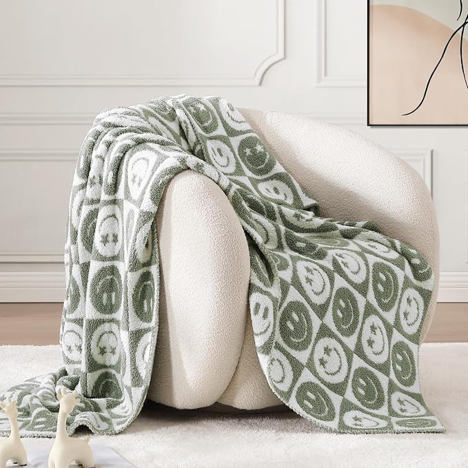 WRENSONGE Soft Checkered Throw Blanket for Couch-Cozy Warm Knitted Blankets | Lightweight Warm Fluffy Decor for Women, Mom, Her & Girls, Sofa, Chair, Bed, 50x60in, Seagrass Smiling Face