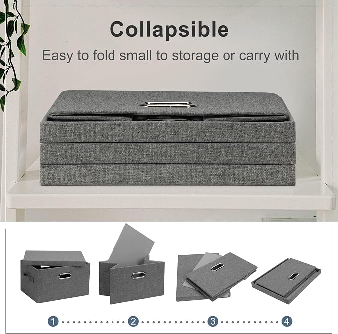 Graciadeco Medium 15" 21 Quart Collapsible Stackable Storage Bins with Lids, 1 Pack Gray Foldable Fabric Closet Storage Boxes with Lids, 4 Handles Heavy-duty Linen Cube Baskets for Bedroom