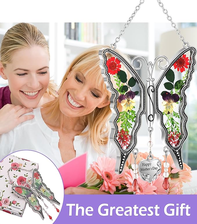KY&BOSAM Gifts for Mom Butterfly Suncatcher Happy Mother's Day Stained Glass Sun Catchers for Windows Hanging Wind Chime Home Decor with Pressed Real Flowers and Heart Charm Gift for Women