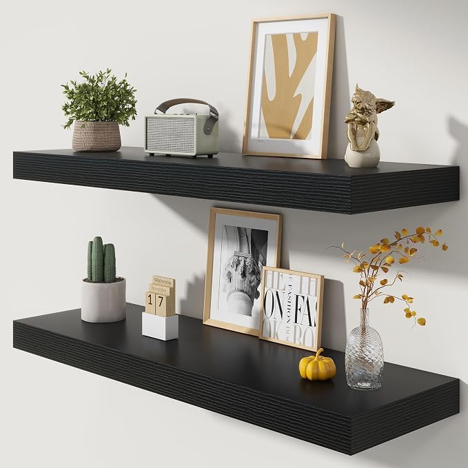 FLYJOE Deep Floating Shelves | 40 Inch Black Floating Shelves Set of 2 | 12 Inch Deep Wood Wall Shelves | 40" W x 12" D Black Shelves for Bathroom Living Room Kitchen Laundry Room