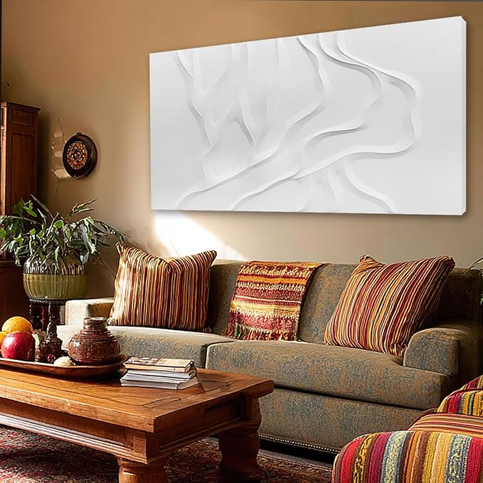 Large White Abstract Wall Art, Hand Painted Textured Canvas with Organic Sculptural Relief, Oversized Modern Statement Wall Decor for Living Room or Bedroom, Gallery Wrapped and Ready to Hang, 29×58 Inch