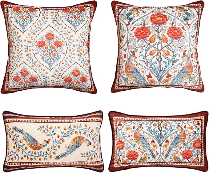 patdrea Designer French Velvet Throw Pillow Cover,Set of 4,-Moritz ABAC | Elegant Lumbar Pillow Case,Rust Red Floral and Bird Pattern,Decorative Pillow Cover for Couch Living Room Bedroom