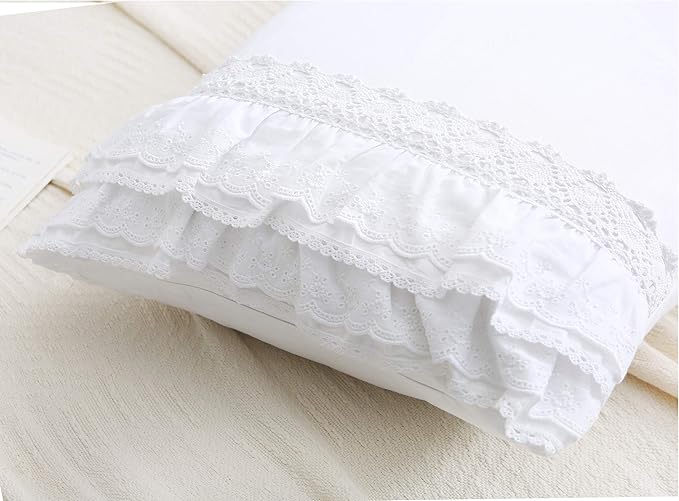 2-Pack Lace Pillow Shams Cases Covers with Ruffles Bright White Egypt Cotton Standard Size 20"X26" Luxury Elegant Twin Size
