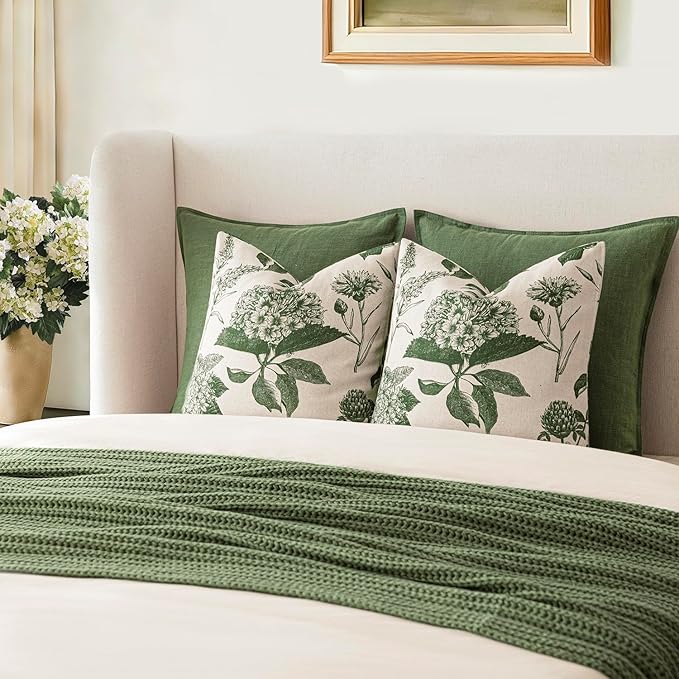 Foindtower Set of 2 Linen Floral Throw Pillow Covers Neutral Vintage Print Decorative Cozy Cushion Covers Farmhouse Boho Home Decor for Sofa Chair Couch Bedroom Living Room,22×22 Inch,Dark Green