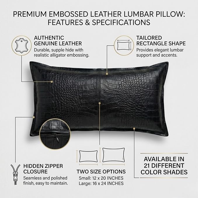 Genuine Leather Pillow Cover Case for Lumbar Throw Couch Pillows - Modern Farmhouse Decorative Sofa Thick & Soft Cushion Covers (Croc Black, 12" x 20")