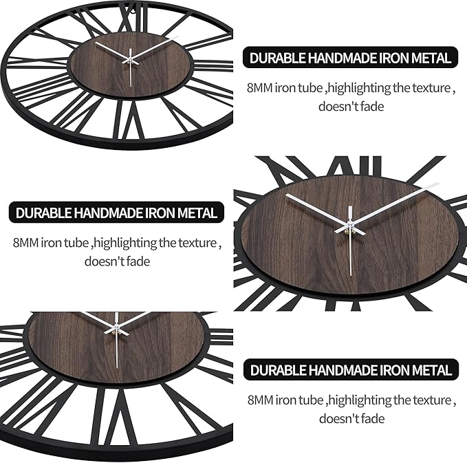 LEIKE Large Wall Clocks,Silent,Non Ticking,Battery Operated Rustic Round Modern Big Wood Wall Clock for Living Room, Bedroom,Kitchen,Farmhouse,Office,Home Decor-16 Inch(Black-Roman Numerals)