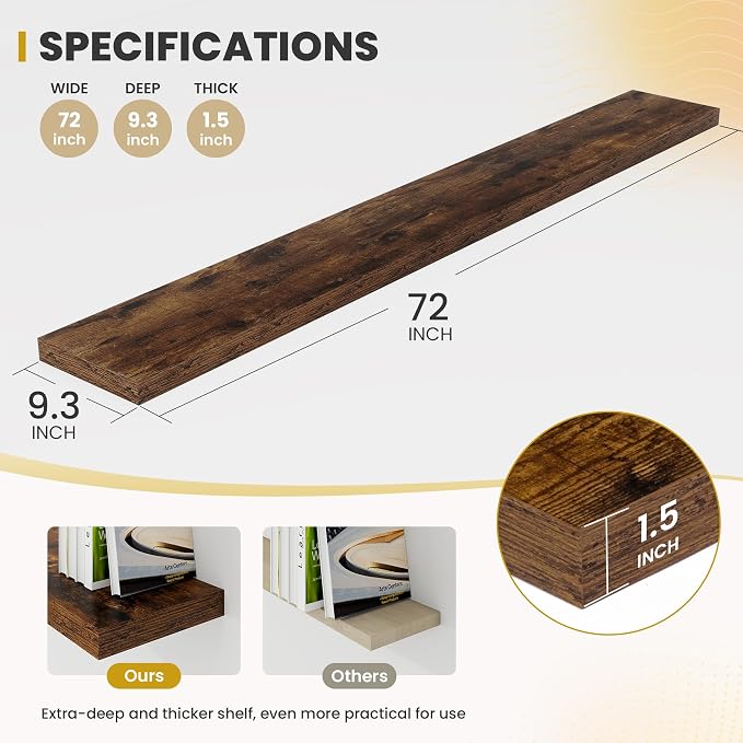 Acovy 72 Inch Floating Shelves, 9.3" Deep Floating Shelf Wall Mounted, 72" Wall Shelves, Rustic Deep Bookshelf, Large Display Shelves & Storage Shelves for Bedroom, Living Room, Brown, Set of 2