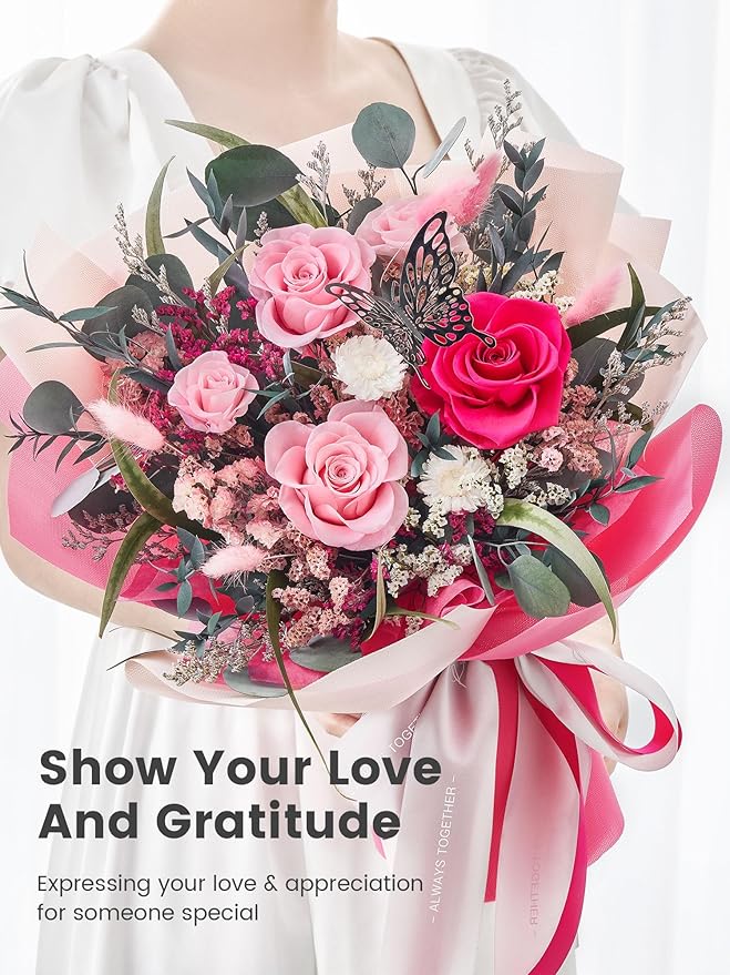 Polylove Flowers for Delivery Prime Forever Flowers Bouquet Preserved Roses Bouquet Flower Gift for Women Wife Mother Day Graduation Birthday (Hot Pink, Medium)