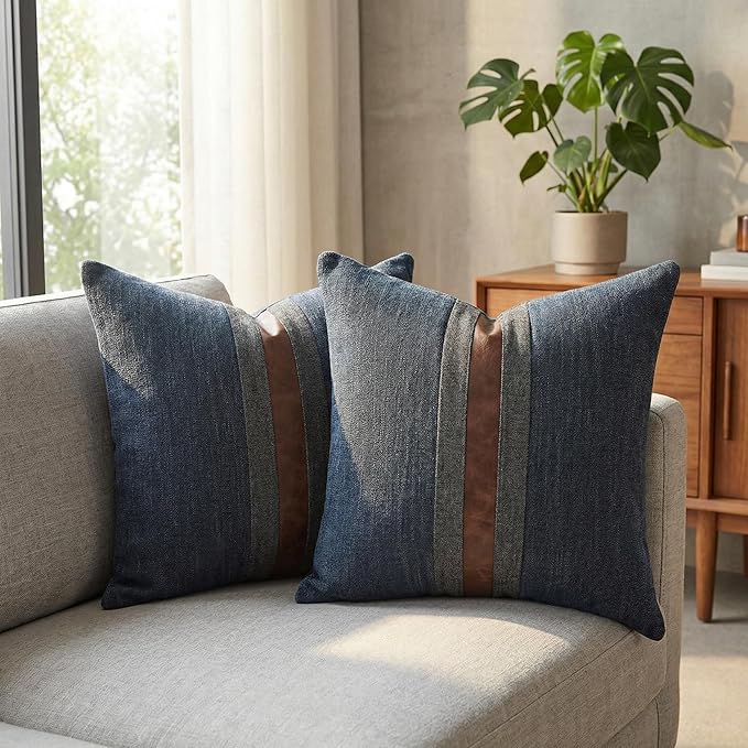 BOYSUM Set of 2 Leather Throw Pillow Covers Lumbar Cotton Linen Decor Patchwork Pillow Cover Faux Leather Pillows Cover for Couch Sofa Living Room Bedroom,Navy Blue 12"x20"