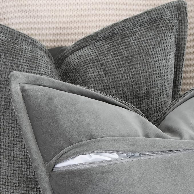 MADIZZ Decorative Chenille Velvet Throw Pillow Covers Set of 2 Soft Boho Textured Neutral Couch Throw Pillow for Bed Modern Farmhouse Home Decor for Sofa Livingroom Dark Grey 24x24 Inch Euro Sham