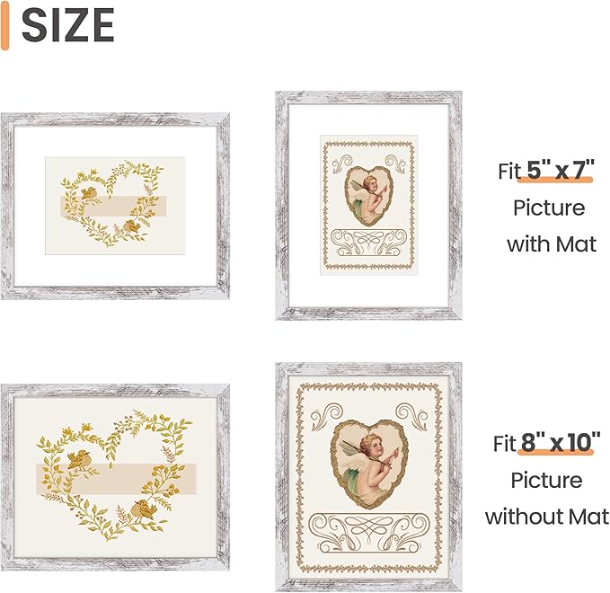 upsimples 8x10 Picture Frame, Display Pictures 5x7 with Mat or 8 x 10 Without, Wall Hanging Photo Frames, Rustic White, 1 Pack