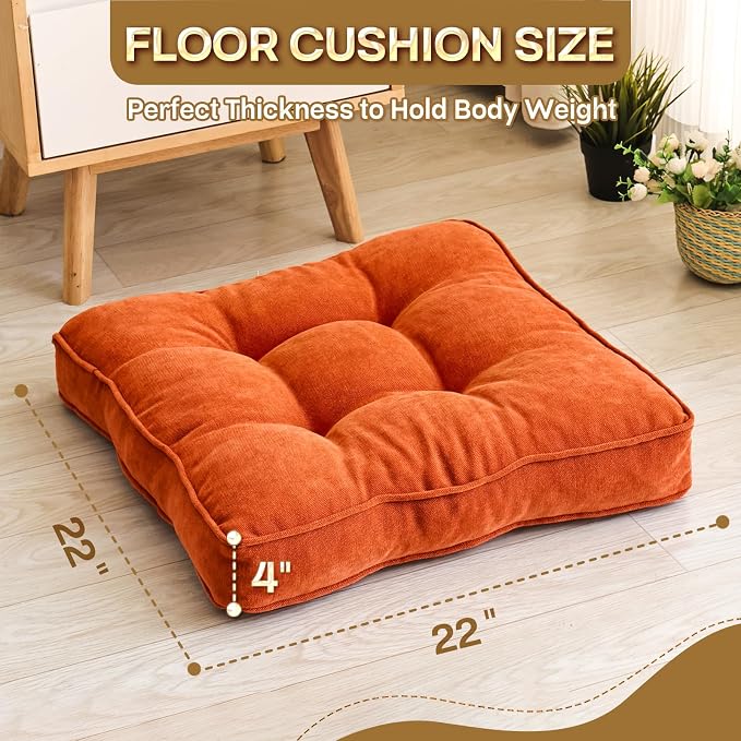 1 MIDDLE ONE Floor Pillow Set of 2, Memory Foam Floor Cushions for Adults, Large Meditation Pillow for Sitting, 22 x 22 Inches (Square | Orange)