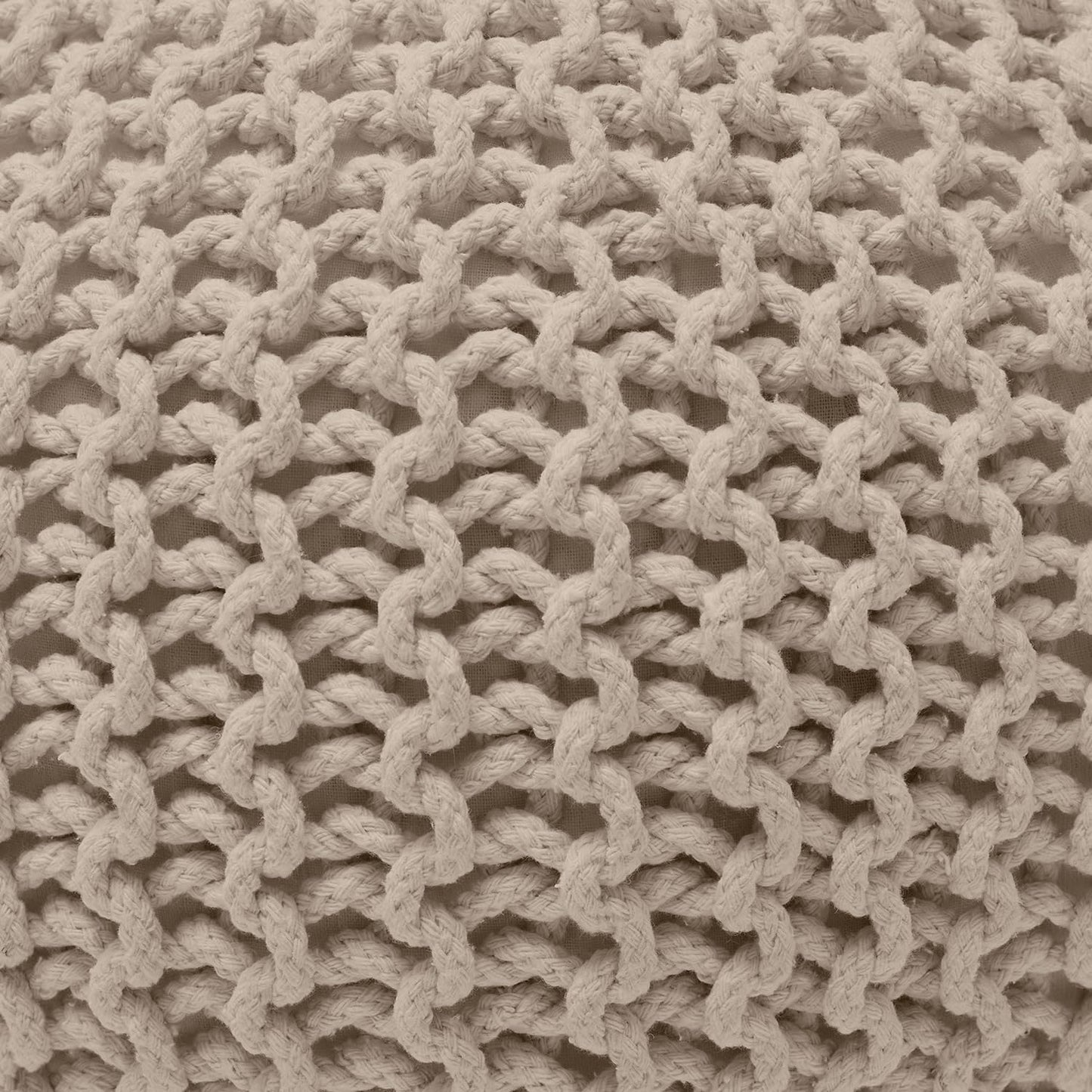 Ornavo Home Pouf Ottoman Foot Rest - 100% Cotton Pouffe - Hand Knitted Cable Braid Cord - Boho Round Stuffed Ottoman for Living Room, Bedroom - Beige