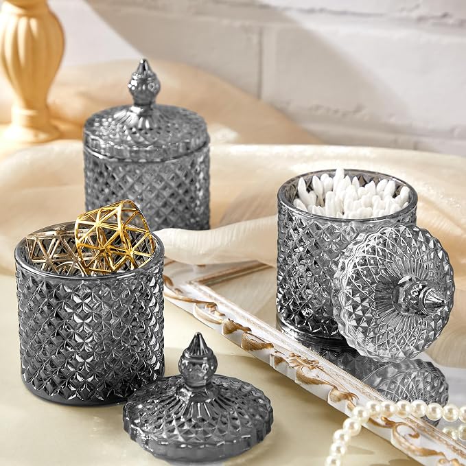 Aoriher 4 Pcs Crystal Glass Candy Jar Set with Lids Home Decorative Storage Jars for Apothecary, Bathroom, Kitchen, and Pantry, Ideal for Cotton Swabs and Jewelry(Large,Gray)