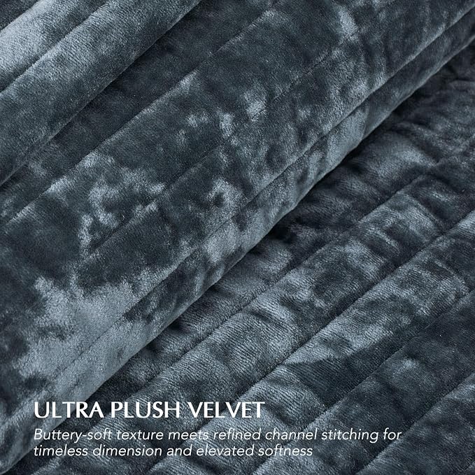EverGrace Velvet Quilt Set King Size, Luxurious Soft Striped Channel Bedding Set, Lightweight Velvet Comforter for All Season, Oversized Bedspread Coverlet with 2 Matching Shams, Stormy Blue