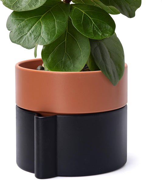 8 Inch Self-Watering Planter Pot with Terracotta Insert, Deep Water Reservoir, and Ceramic-Alike BPA-Free Plastic Planter Pot for Plant, Modern Planter for Houseplants, Black/Terracotta, 53-B-T-5