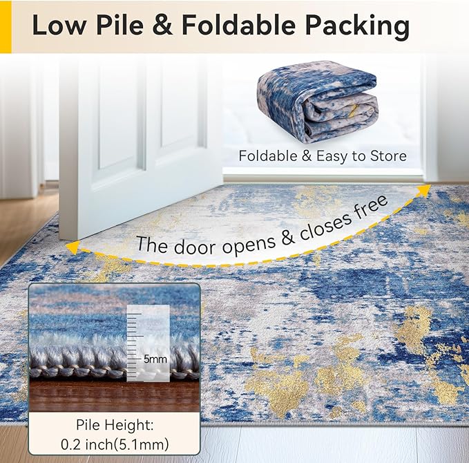 RELEANY Washable Area Rugs Square 9ft Non-Slip Modern Abstract Soft for Living Room Entryway Bedroom Nursery, Print Pattern, Grey Blue Gold/Golden