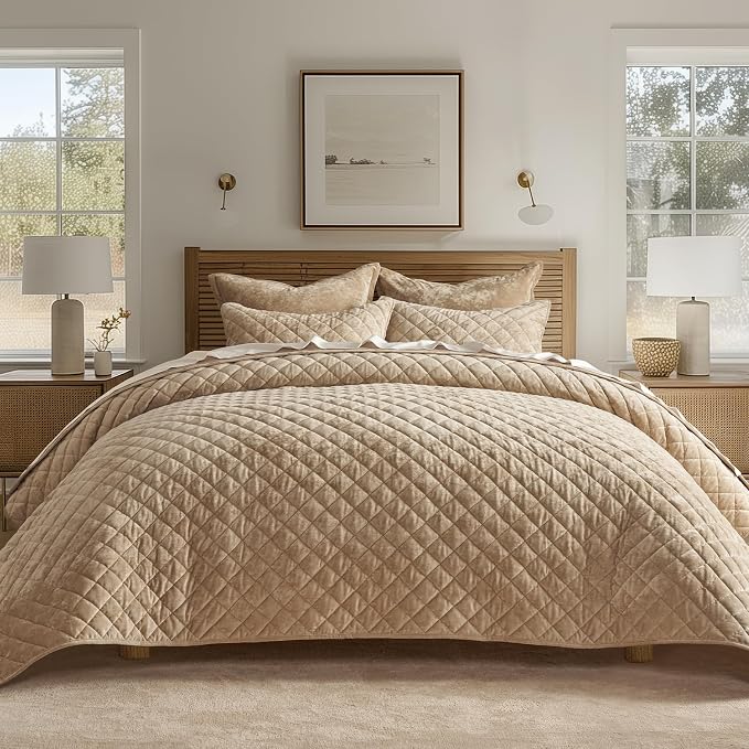 EVERGRACE Luxury Velvet Quilt Set Queen Size, Diamond Quilted Lightweight Velvet Comforter for All Season, Ultra Soft Oversized Bedspread Coverlet Bedding Set with 2 Pillow Shams, Beige Taupe | Luxe Velvet