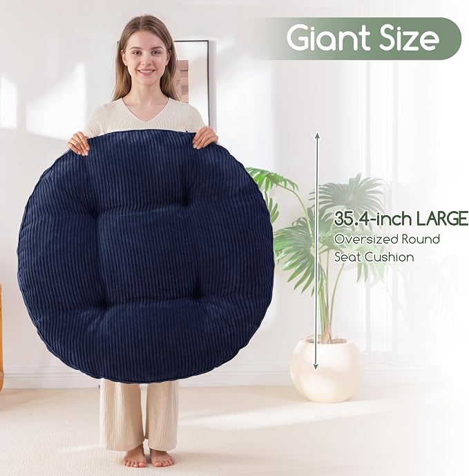 HIGOGOGO 35" Floor Pillow Cushion for Adults, Meditation Cushion Pillow, Extra Large Square Floor Sitting, Tufted Corduroy Cover for Tatami Living Room or Yoga, Navy
