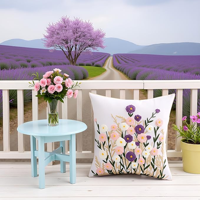 Spring Floral Pillow Covers 18x18 Inch Set of 2 Cotton Embroidery Farmhouse Throw Pillow Cover Outdoor Garden Cushion Case Summer Decorations for Home (Purple and Pink Flower,18"x18")