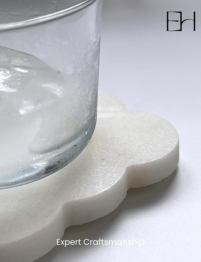 Marble Coasters Set of 4, Handcrafted Drink Protectors, Natural Stone Coaster Bar & Table Decor, Modern Desk Aesthetic Accessories, Non-Slip Luxury Gift (White Marble Square Scalloped)