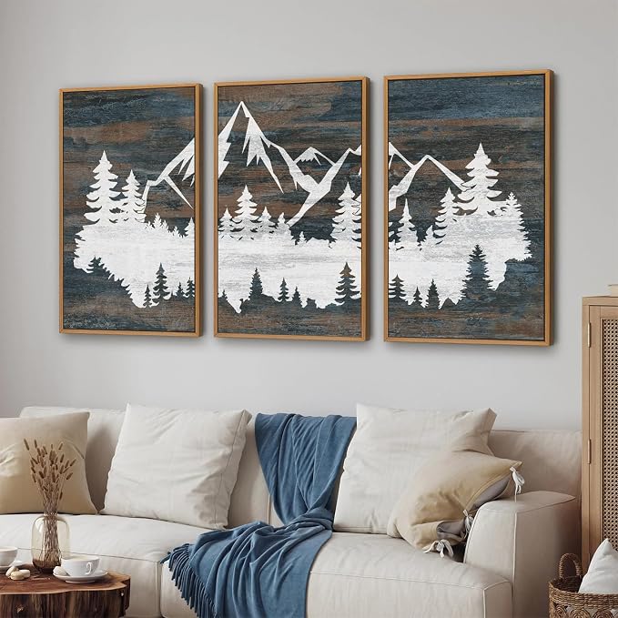 Rantodecor Vintage Mountain Framed Canvas Wall Art, White Snowy Nature Landscape Wall Decor, Rustic Wilderness Forest Art Paintings, Modern Farmhouse Artwork for Bedroom Living Room Office 24"x36"x3