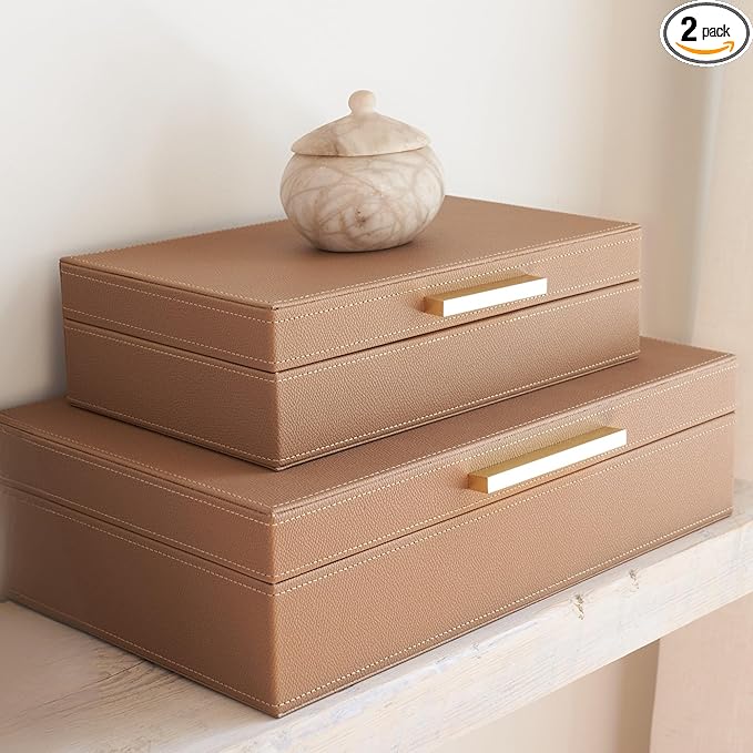 ZICOTO Decorative Storage Boxes with Lids – Set of 2 Beautiful PU Leather Organizer Bins for Your Bookshelf Home Decor - Safely Store Photos, Documents and Memory Box Keepsakes in Style