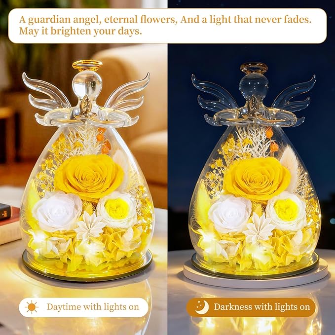 Gifts for Women Mom Preserved Rose Forever Flower Eternal Roses in Glass Angel Figurines Fresh Flowers for Delivery Prime Mothers Day Birthday Gift for Her Wife Grandma on Valentines Day Anniversary