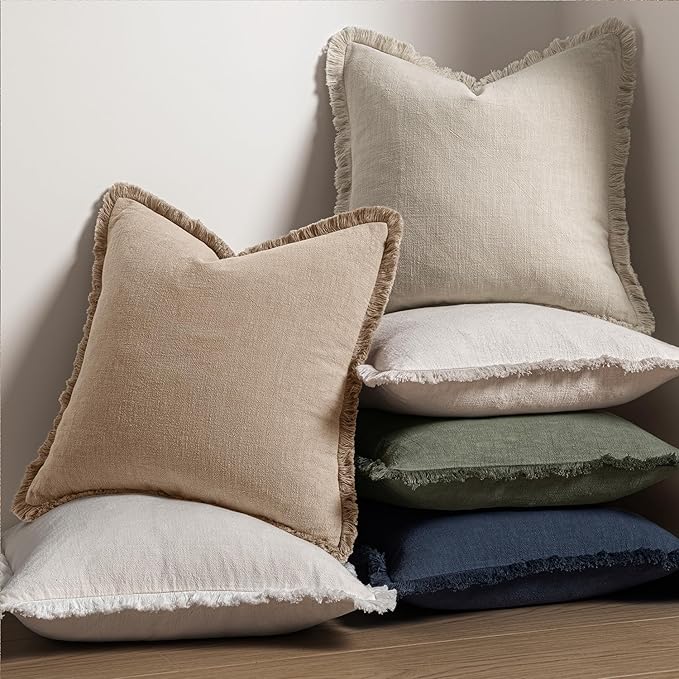 MIULEE Decorative Throw Pillow Covers Neutral Linen Fringe Throw Pillows Euro Shams Set of 2 Camel Boho Farmhouse Cushion Covers for Couch Sofa Bed Living Room Spring Home Decor 22x22 Inch