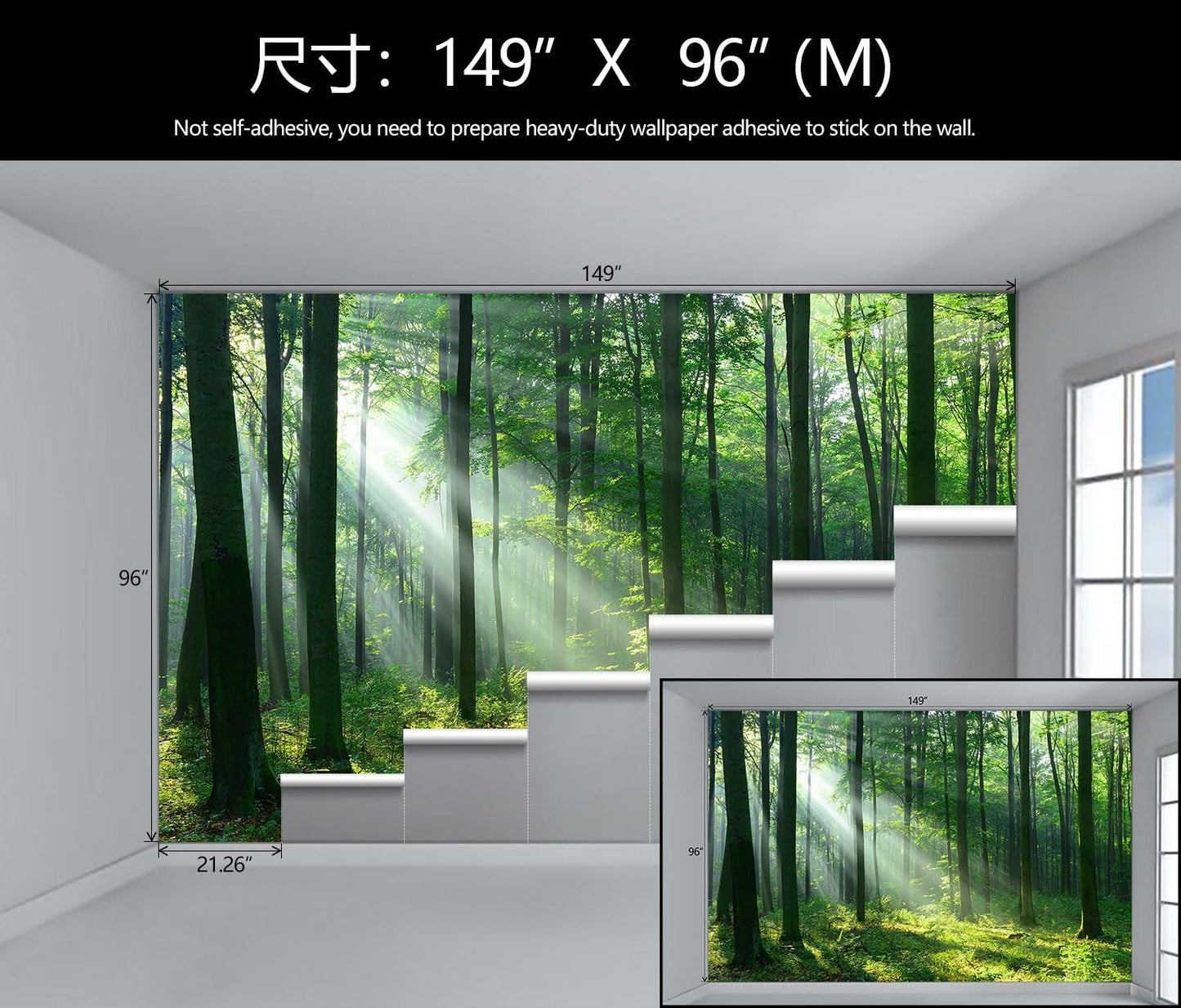 WFBHUA-Green Woodland Wallpaper Mural Foggy Forest Tree Wallpaper Nature Landscape Wall Murals for Bathroom Living Room (Not Peel and Stick)