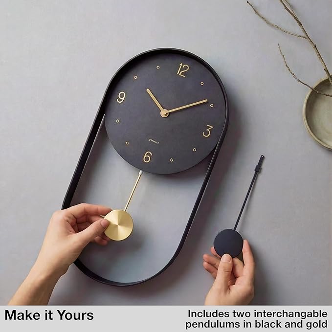Driini Modern Pendulum Wall Clock - Black and Gold Decorative Wall Clock with Pendulum - Modern Minimalist Metal Wall Clock for Living Room Décor - Silent Battery Operated Wall Clock