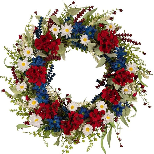 20 Inch Patriotic Wreaths for Front Door, 4th of July Independence Day Memorial Day Wreath with Red White Blue Flowers, Grain and Eucalyptus Leaves Outdoor Patriotic Door Decor for Home Porch