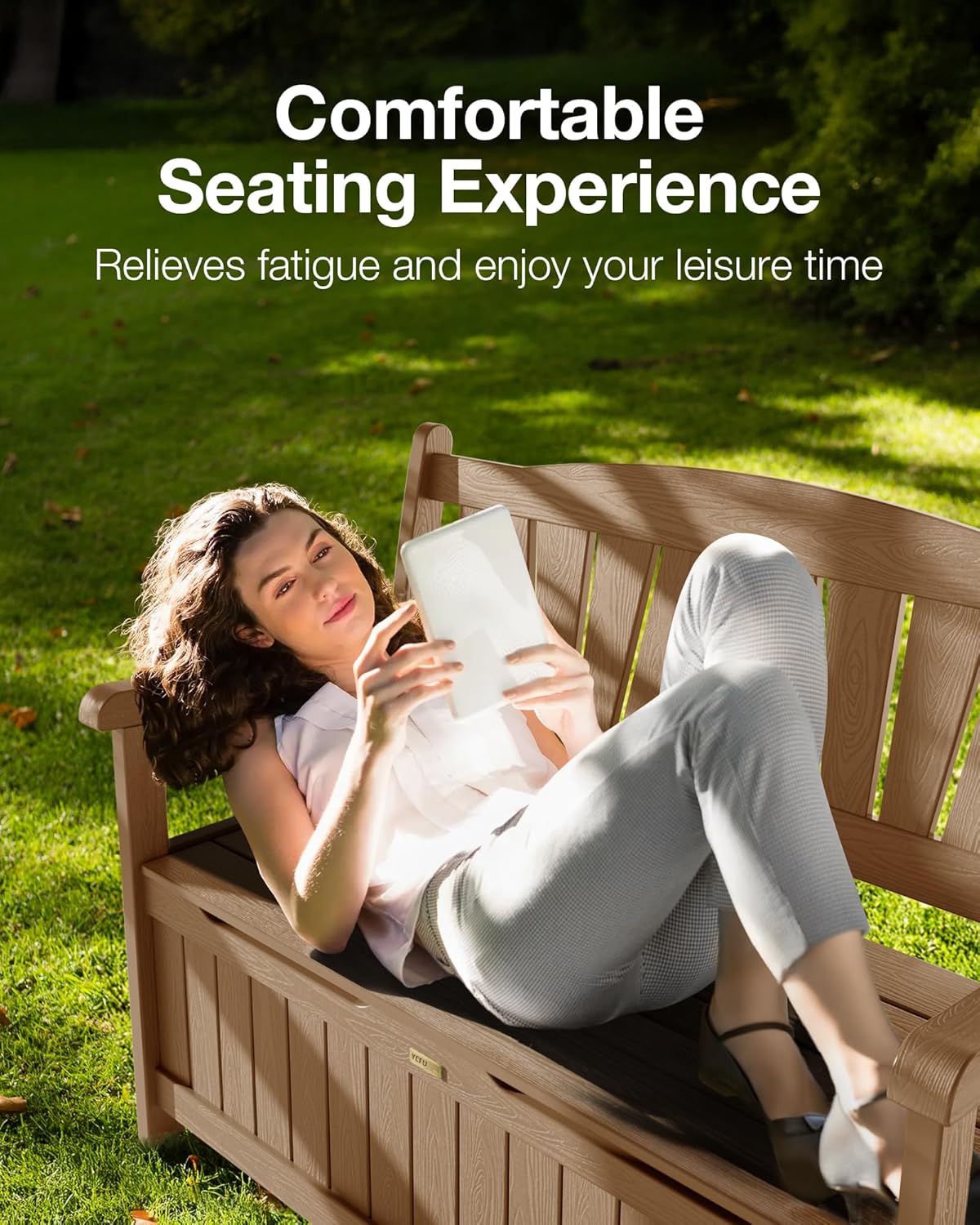 YEFU Outdoor Storage Bench for Patio: Heavy Duty Garden Bench with 96° High Backrest & Oversized Seating - HIPS Weatherproof Patio Bench with Storage for Porch Park Backyard, Teak