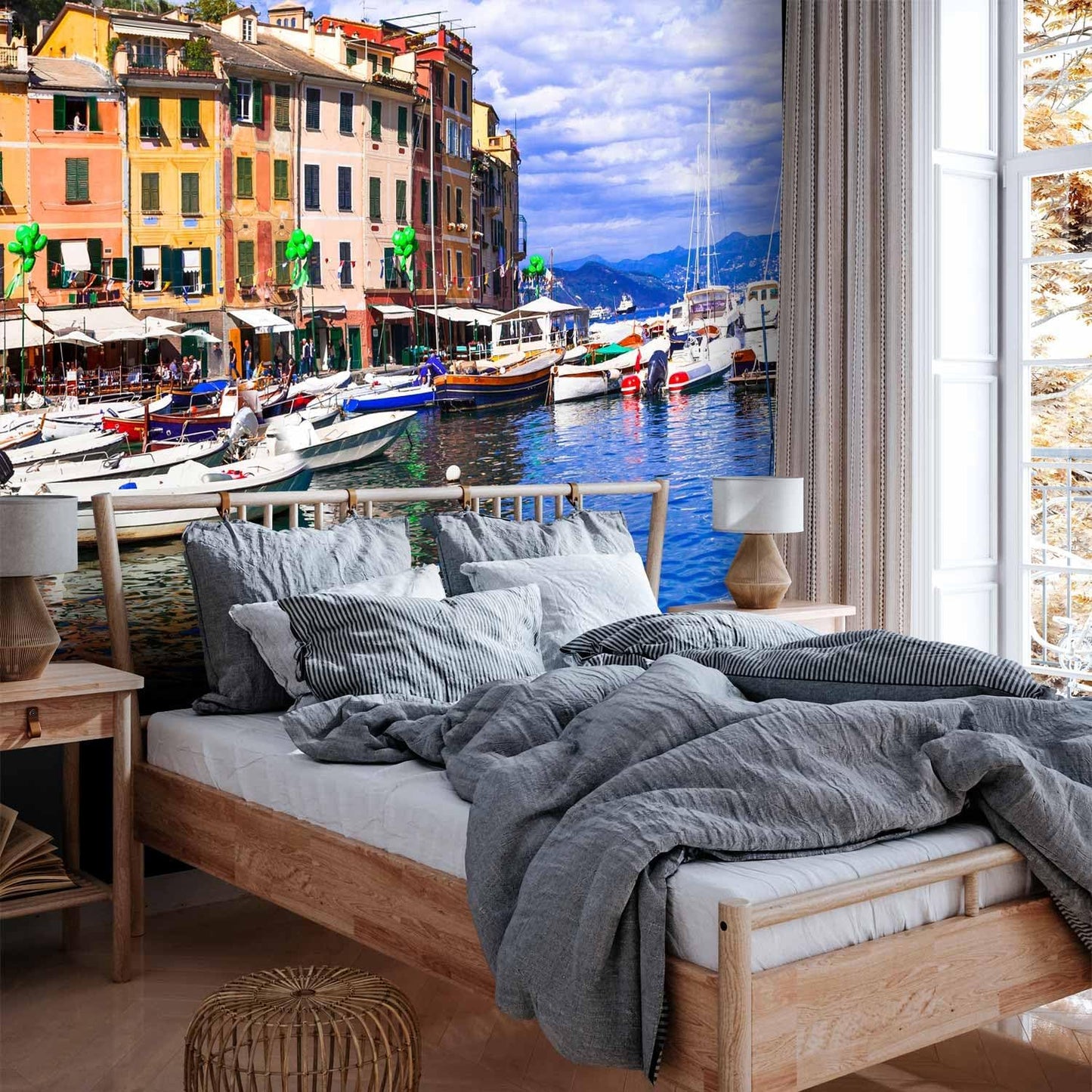 artgeist Wall Mural Peel and Stick Architecture 212x98 in - XXL Self-Adhesive Corner Wallpaper Removable Large Sticker Foil Angle Wallpaper Wall Decor Print City Lake Boat Like Painted d-B-0297-a-a
