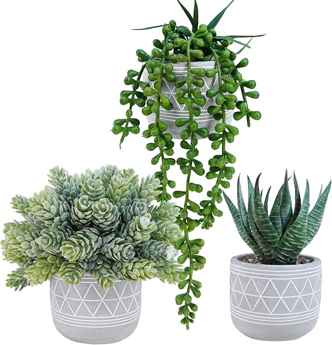 Winlyn Set of 3 Mini Faux Succulent Potted Plants Artificial Aloe Hops String of Pearls Fake Succulents in Gray Geometric Concrete Pots for Home Office Table Shelf Kitchen Living Room Boho Décor