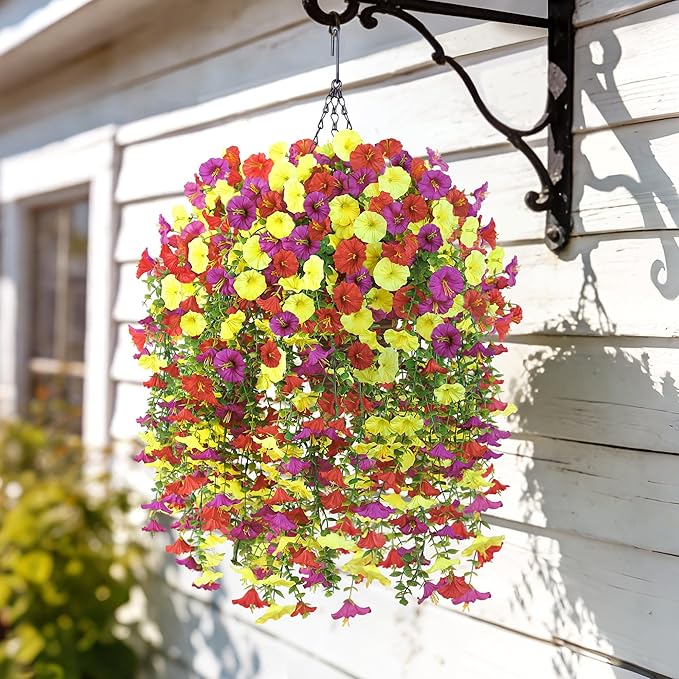 Artificial Hanging Flowers with Basket, 480 Blooms UV Resistant Faux Morning Glory Silk Plants, Fast & Easy Assembly Fake Hanging Baskets for Outdoor Porch Patio Garden Decor, Purple&Yellow&Red