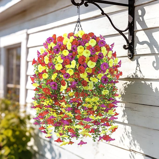 Artificial Hanging Flowers with Basket, 480 Blooms UV Resistant Faux Morning Glory Silk Plants, Fast & Easy Assembly Fake Hanging Baskets for Outdoor Porch Patio Garden Decor, Purple&Yellow&Red