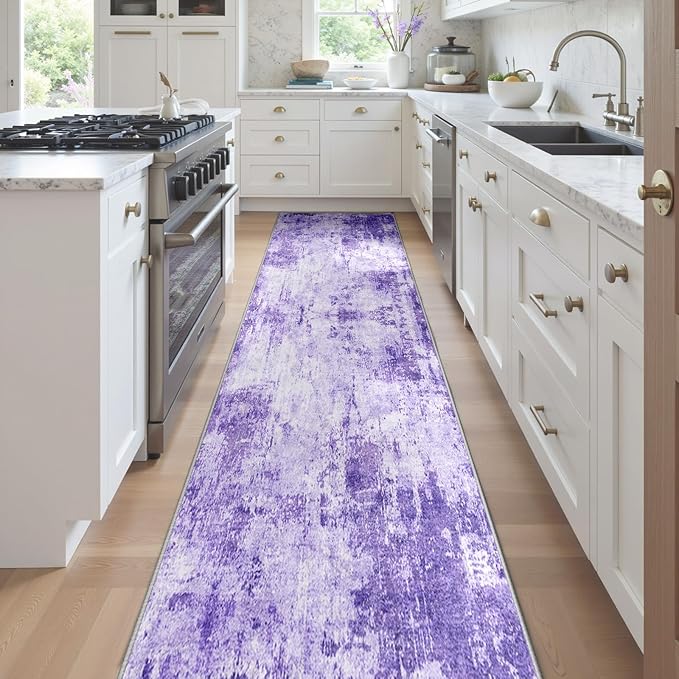 RELEANY Washable Area Rugs 2'x8' Non-Slip Modern Abstract Soft for Living Room Entryway Bedroom Nursery, Print Pattern, Purple Gray Pink White