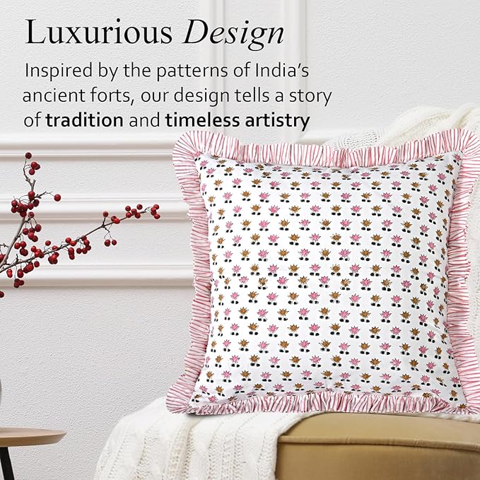 CPC Rosette Bloom Hand Block Print 100% Cotton Ruffle Throw Pillow Cover 20x20 inch with Hidden Zipper Decorative for Couch, Bed, Sofa, Farmhouse, Cottagecore Decor Gift Christmas Fall Thanksgiving